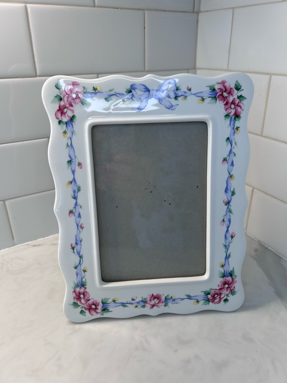 Floral Ceramic Picture Frame in White with Pink and Blue Accents